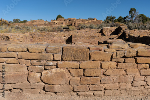 Photos Spiral petroglyph at Pipe Shrine House in Far View Sites at Mesa Verde National Park in Colorado