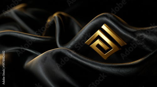 Floating golden logo over dark satin folds. 