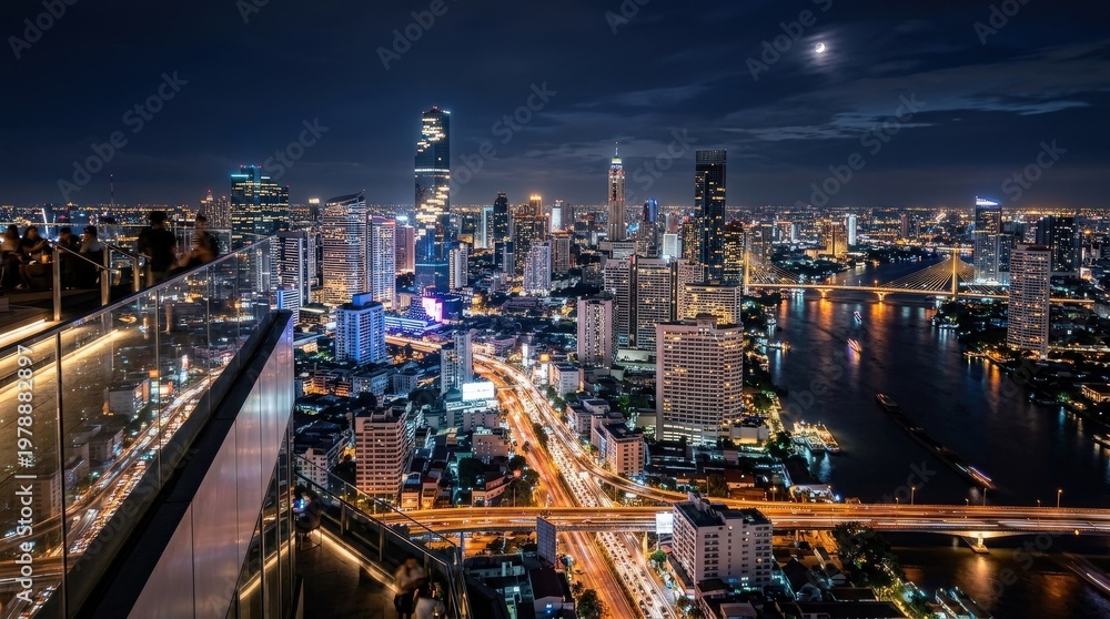 Obraz premium A Bangkok skyline illuminated at night with glowing city lights and reflective surfaces, cinematic urban photography style, shot on Sony A7RV with 24mm lens, f/5.6, 8K, hyper-detailed,