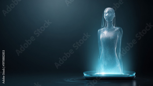 Futuristic AI assistant hologram appearing from smart device. 