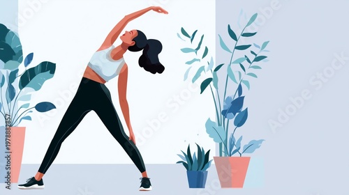 Woman Stretches in a Bright Room With Plants During Morning Exercise Session