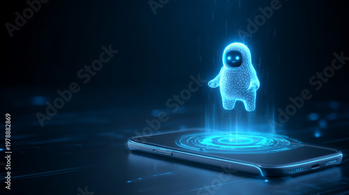 Futuristic AI assistant hologram appearing from smart device. 