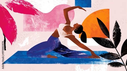 Woman Stretches in a Bright Room With Plants During Morning Exercise Session