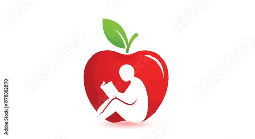 A vibrant red apple silhouette cleverly incorporates a white figure absorbed in reading a book