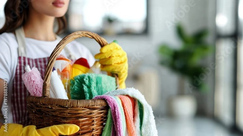 Woman Holds Basket of Flowers While Wearing Gloves in a Bright Indoor Space