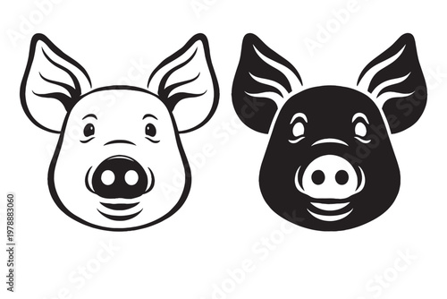 Minimalist pig head vector icons, black and white swine face illustrations, stylized farm animal mascot logo set for butchery or organic farming