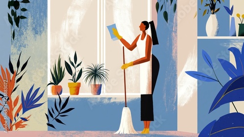 Cleaning and Organizing a Room With Plants and Bright Walls During Daylight Hours