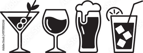 Minimalist outline of different glasses with drinks