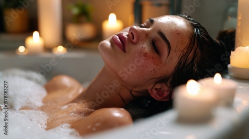 Relaxation in a Warm Bath With Candles and Bubbles in an Indoor Setting at Night
