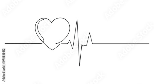 Single line art of heart symbol integrated with electrocardiogram waveform