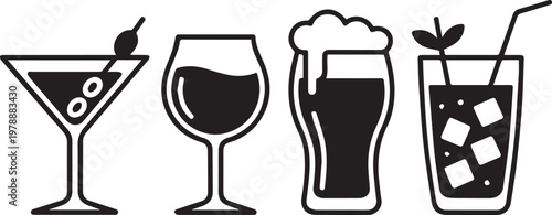 Minimalist outline of different glasses with drinks