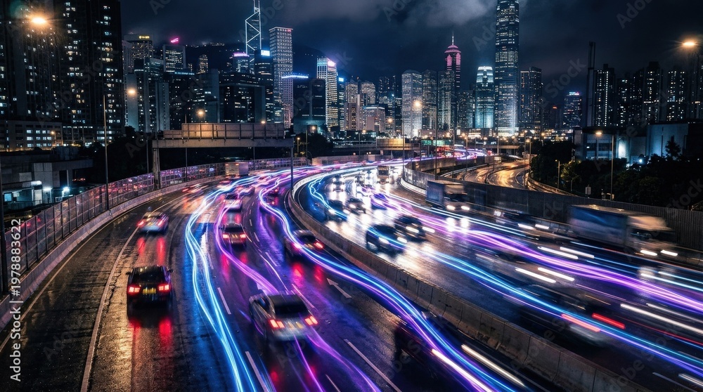 Fototapeta premium Nighttime city highway with light trails from moving vehicles and illuminated skyscrapers