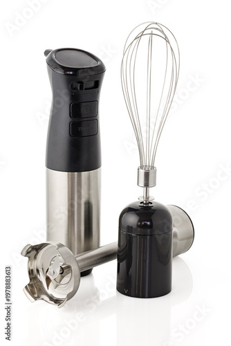 Immersion Hand Blender Isolated on White. Stainless Steel Hand Held Stick Blender. Modern Kitchen Blade Grinder. Electric Kitchen Small Appliances.