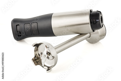 Immersion Hand Blender Isolated on White. Stainless Steel Hand Held Stick Blender. Modern Kitchen Blade Grinder. Electric Kitchen Small Appliances.