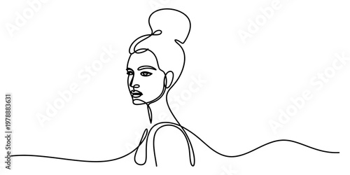 Minimalist continuous line drawing of a beautiful young woman with a classic high hair bun style Vector, illustration