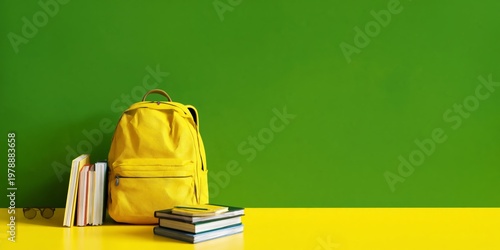 Yellow Backpack, Books, and Glasses Near a Green Chalkboard in a Classroom