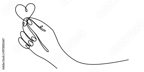 A single continuous line drawing of a hand holding a small heart symbol representing pure love. Vector, illustration
