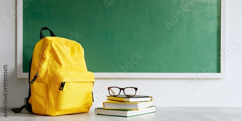 Yellow Backpack, Books, and Glasses Near a Green Chalkboard in a Classroom