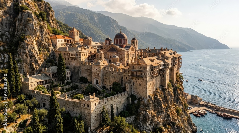 Obraz premium The sacred Mount Athos monastery complex clinging to a dramatic Byzantine cliff face above the glittering Aegean Sea, ancient stone towers and domed chapels reflecting warm ochre afternoon light,