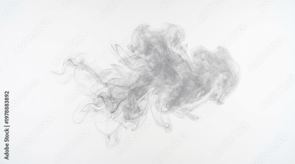 Fototapeta premium Abstract swirling gray smoke wisps against a clean white background