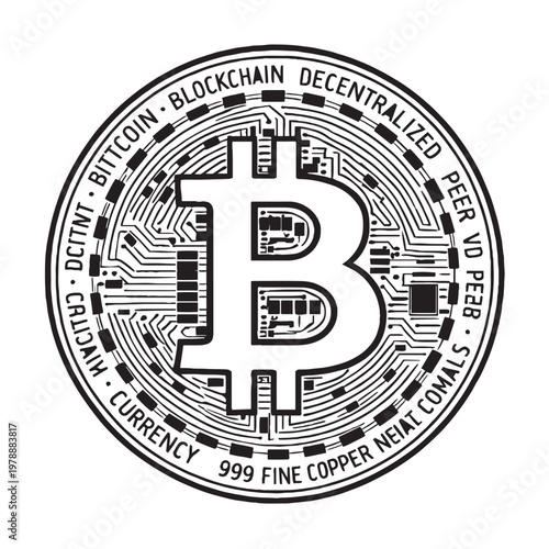 Bitcoin cryptocurrency coin vector icon, black and white blockchain digital currency symbol, decentralized peer to peer financial technology asset
