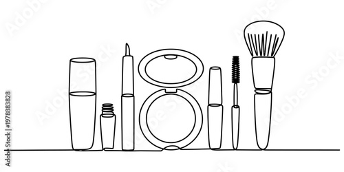 A single continuous line drawing featuring a collection of various essential beauty cosmetic items Vector, illustration