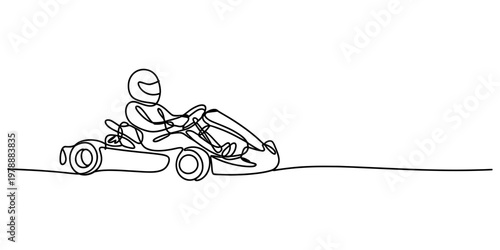 A single continuous line drawing of a person driving a go kart on a flat track against white space Vector, illustration