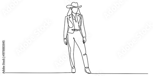 A continuous line drawing of a western cowgirl standing tall in her traditional ranch attire Vector, illustration