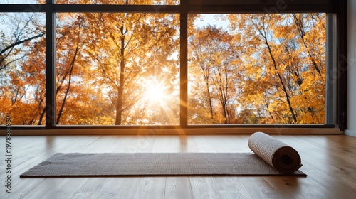 Autumn View From a Room With Large Windows Showing Orange and Yellow Trees an...