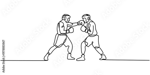 Minimalist continuous line drawing of two professional boxers sparring in a competitive match Vector, illustration