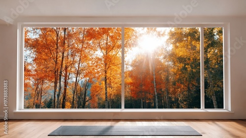Autumn View From a Room With Large Windows Showing Orange and Yellow Trees an...