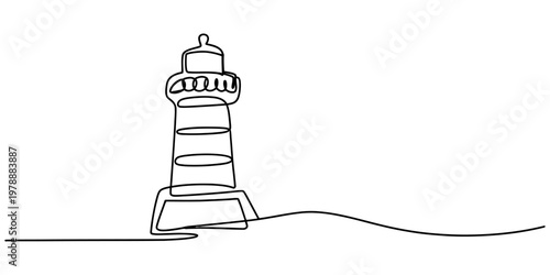 A continuous single line drawing of a tall seaside lighthouse standing on a simple horizon line Vector, illustration