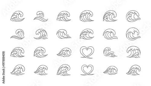 Collection of hand drawn ocean wave and heart in black and white water surf