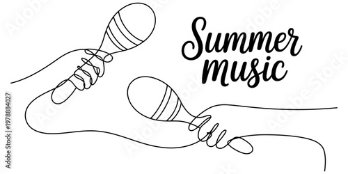 A minimalist single line drawing illustration of two hands holding maracas with summer music text Vector, illustration