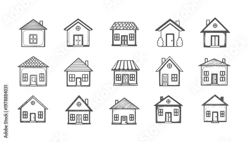 Collection of hand drawn style houses with various roof and window home building
