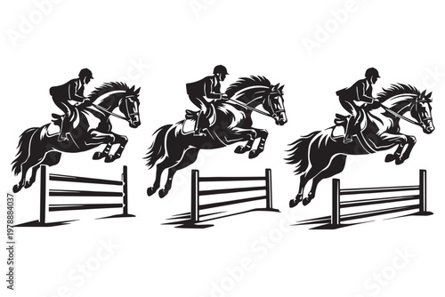 Equestrian show jumping vector set, black and white horse rider silhouettes, professional horse racing competition icons for sports branding