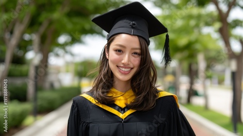 Graduate Stands Proudly on Campus Pathway With Cap and Gown During Midday Cer...