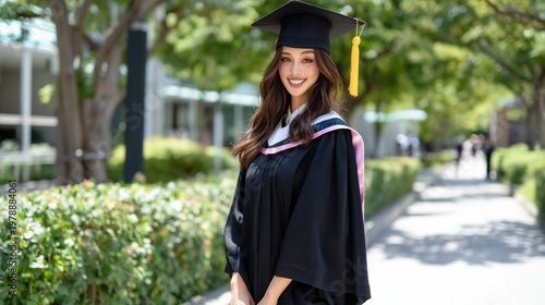 Smiling Graduate Stands Outdoors Wearing Cap and Gown With Trees in Backgroun...