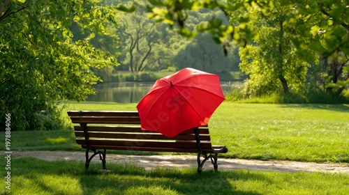 Woman Sitting on Bench With Red Umbrella in Park During Rainy Day