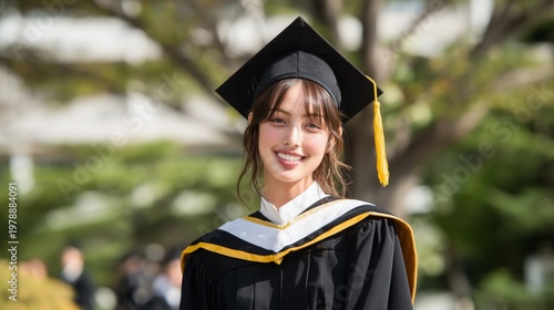 Graduate Stands Proudly on Campus Pathway With Cap and Gown During Midday Cer...