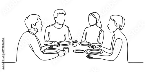 A single continuous line drawing of four friends sitting together at a table for a casual dinner Vector, illustration