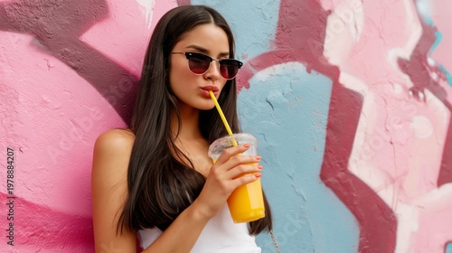 Young Woman Drinking Orange Juice in Front of Colorful Mural on a Sunny Day