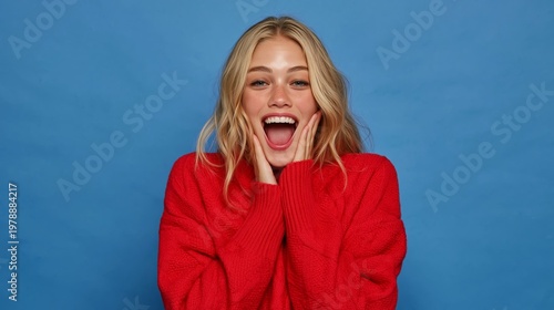 Young Woman Expresses Joy in Bright Sweater Against Blue Background in Indoor...