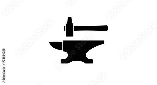 Vector illustration of black silhouette icon of a hammer and an anvil on a transparent background