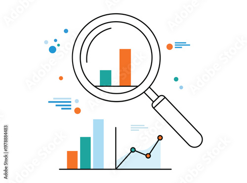 Magnifying glass over financial charts and graphs data analysis