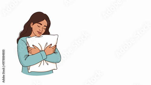 Woman hugging pillow vector illustration, peaceful sleep concept, comfort and relaxation vector art. Cozy bedtime scene for wellness and self-care.