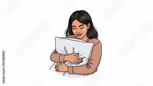 Young woman hugging pillow vector illustration, comfort and sleep concept, peaceful rest and relaxation. for branding, packaging, banner, poster, website header, and social media design use