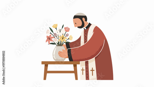 Priest arranging flowers in vase on small table, religious service preparation, church decor concept. digital illustration