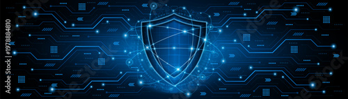 Abstract technology circuit board background with shield symbols concept of data protection and cyber privacy. modern security technology innovation concept background