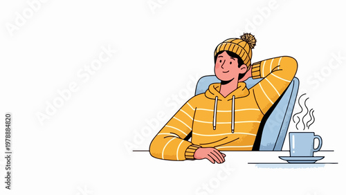 Cozy winter scene vector illustration of person in warm beanie and hoodie enjoying hot beverage. Relaxing winter moment vector art for lifestyle and comfort themes.